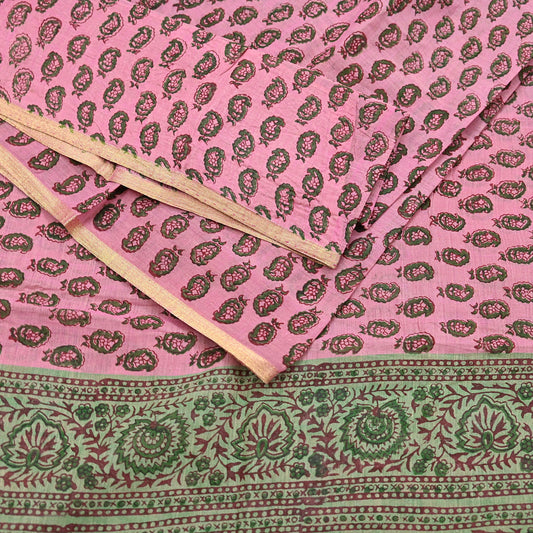 Indian Vintage Sari Green Block Printed Pure Cotton Saree Craft Fabric 5Yd Sewing Sarong Wrap Boho Crafting Upcycle Quilting Zari