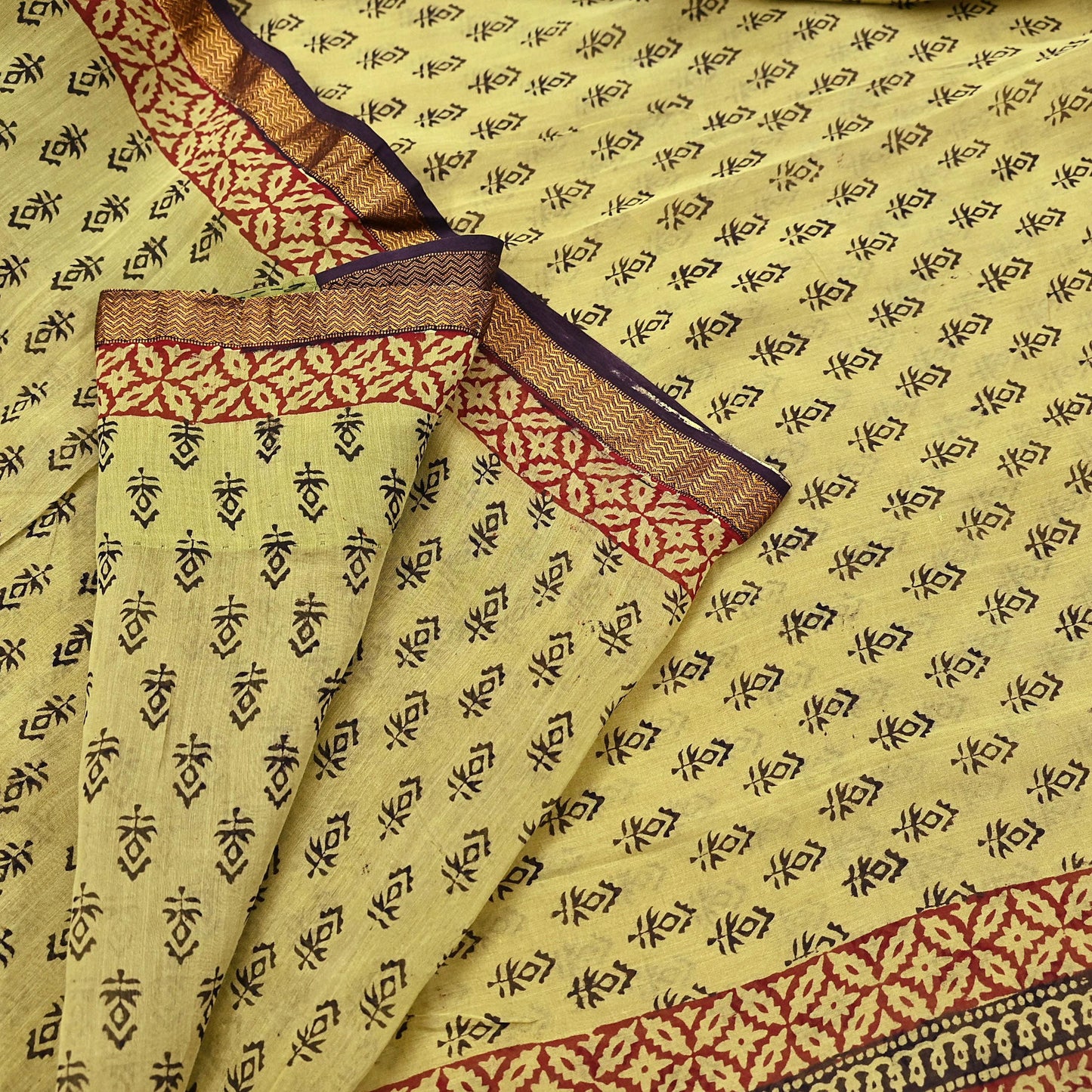 Indian Vintage Sari Green & Black chanderi Silk Bagru Printed Saree 5Yd Fabric Floral Soft Zari Border Ethnic Upcycle Crafting Dress making