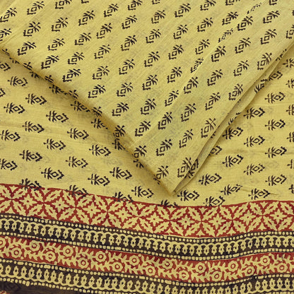 Indian Vintage Sari Green & Black chanderi Silk Bagru Printed Saree 5Yd Fabric Floral Soft Zari Border Ethnic Upcycle Crafting Dress making