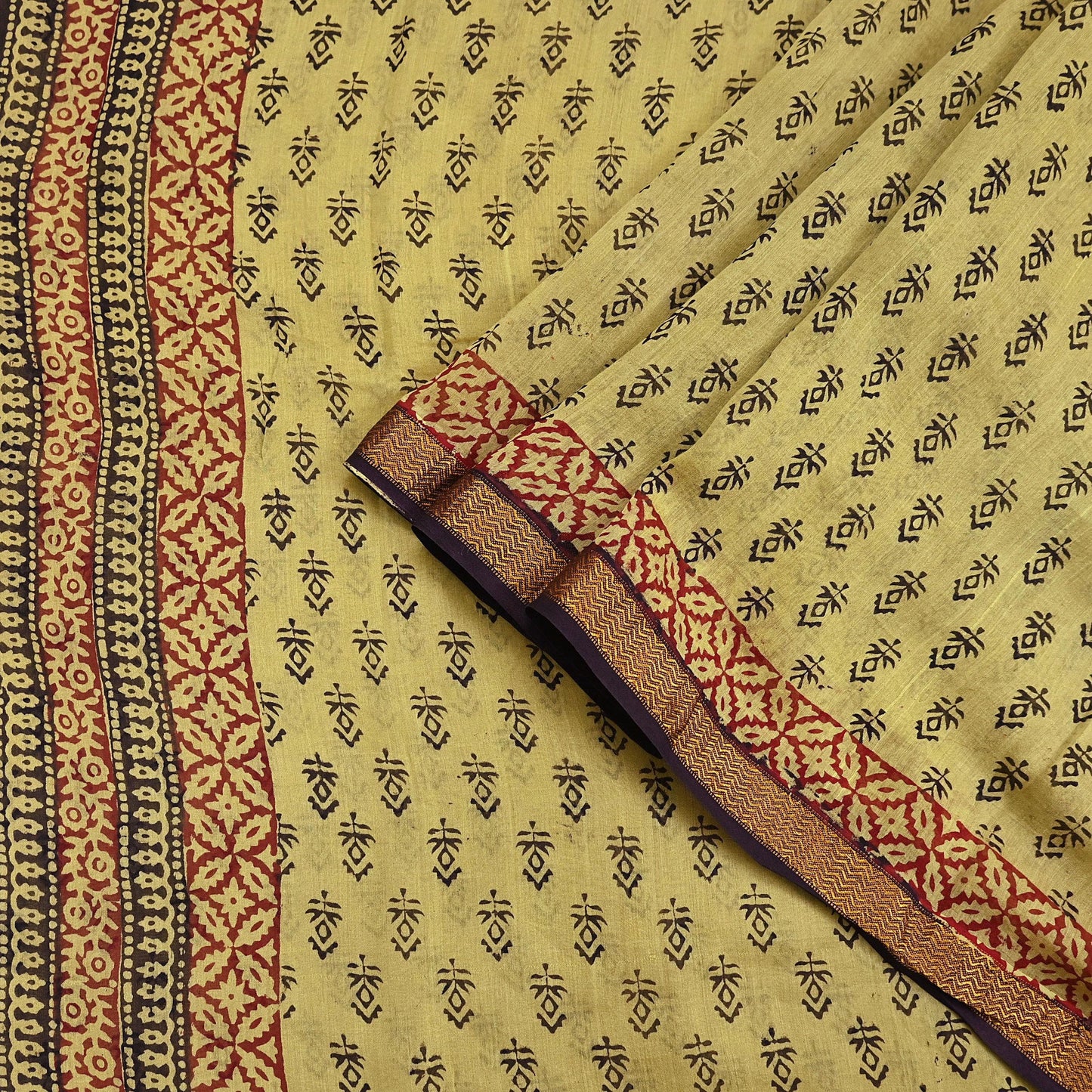 Indian Vintage Sari Green & Black chanderi Silk Bagru Printed Saree 5Yd Fabric Floral Soft Zari Border Ethnic Upcycle Crafting Dress making