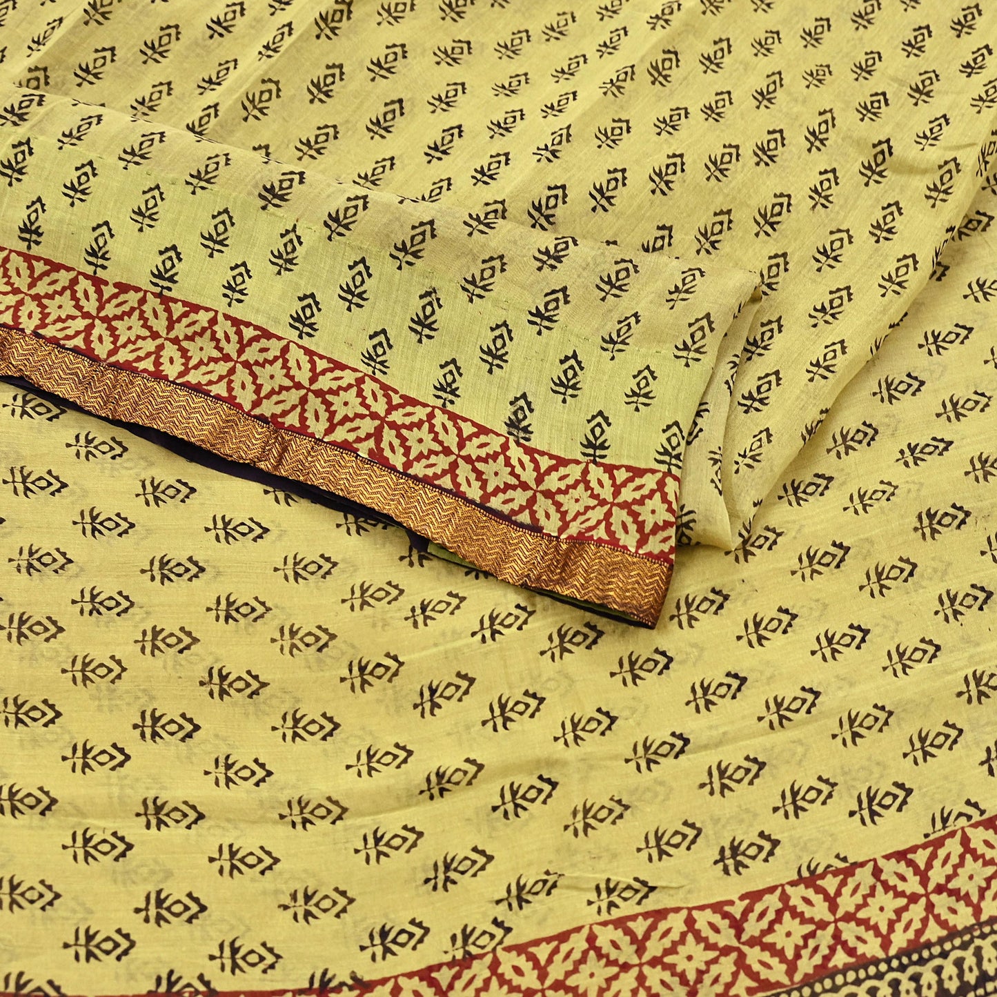 Indian Vintage Sari Green & Black chanderi Silk Bagru Printed Saree 5Yd Fabric Floral Soft Zari Border Ethnic Upcycle Crafting Dress making