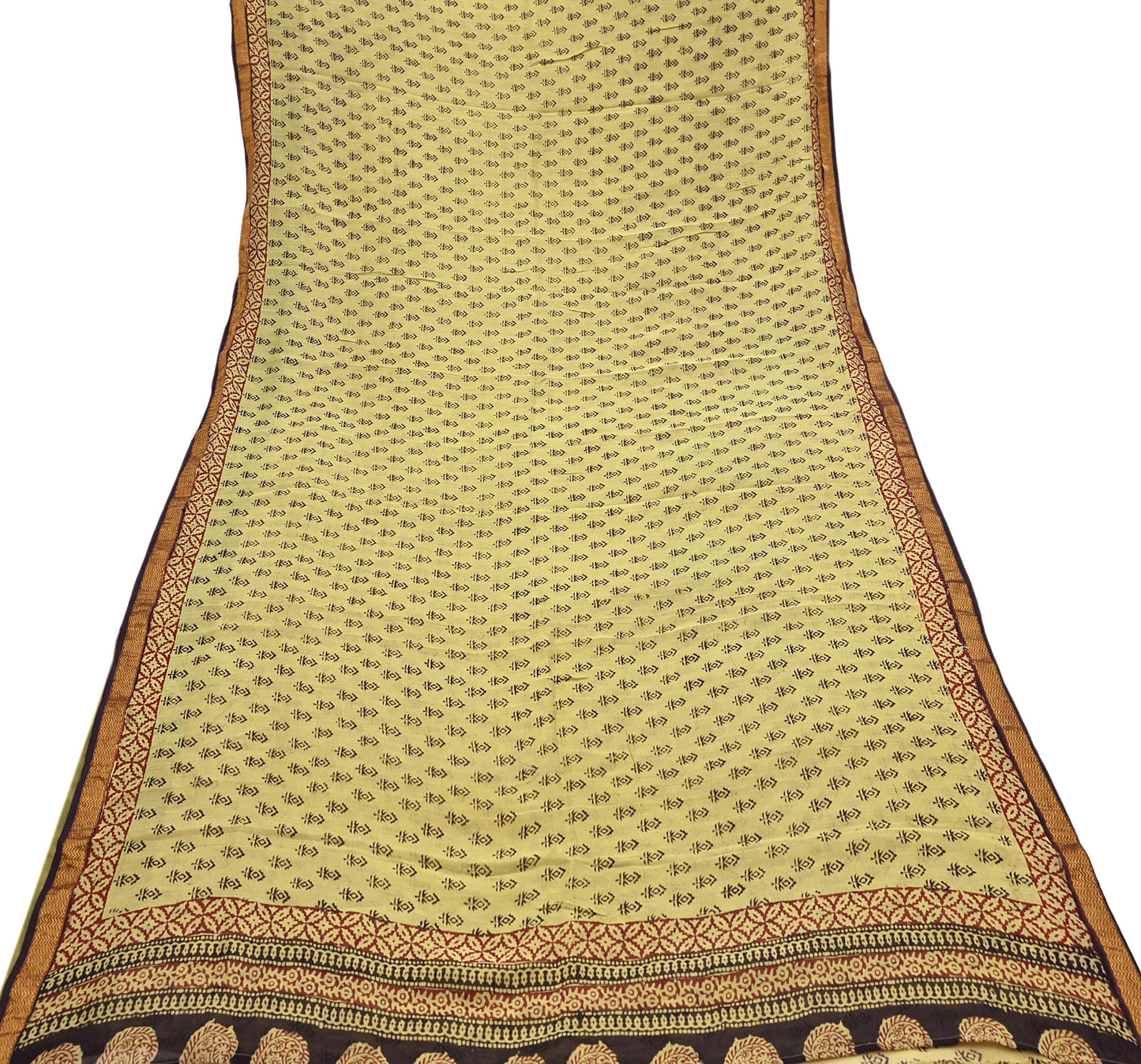 Indian Vintage Sari Green & Black chanderi Silk Bagru Printed Saree 5Yd Fabric Floral Soft Zari Border Ethnic Upcycle Crafting Dress making