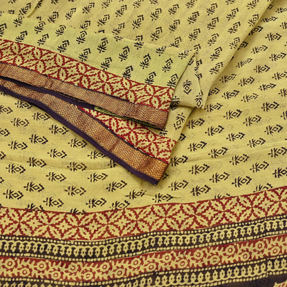 Indian Vintage Sari Green & Black chanderi Silk Bagru Printed Saree 5Yd Fabric Floral Soft Zari Border Ethnic Upcycle Crafting Dress making