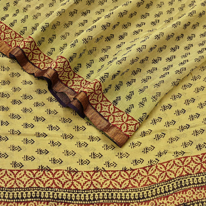 Indian Vintage Sari Green & Black chanderi Silk Bagru Printed Saree 5Yd Fabric Floral Soft Zari Border Ethnic Upcycle Crafting Dress making