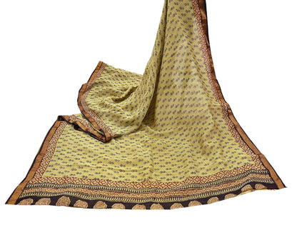 Indian Vintage Sari Green & Black chanderi Silk Bagru Printed Saree 5Yd Fabric Floral Soft Zari Border Ethnic Upcycle Crafting Dress making