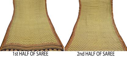 Indian Vintage Sari Green & Black chanderi Silk Bagru Printed Saree 5Yd Fabric Floral Soft Zari Border Ethnic Upcycle Crafting Dress making