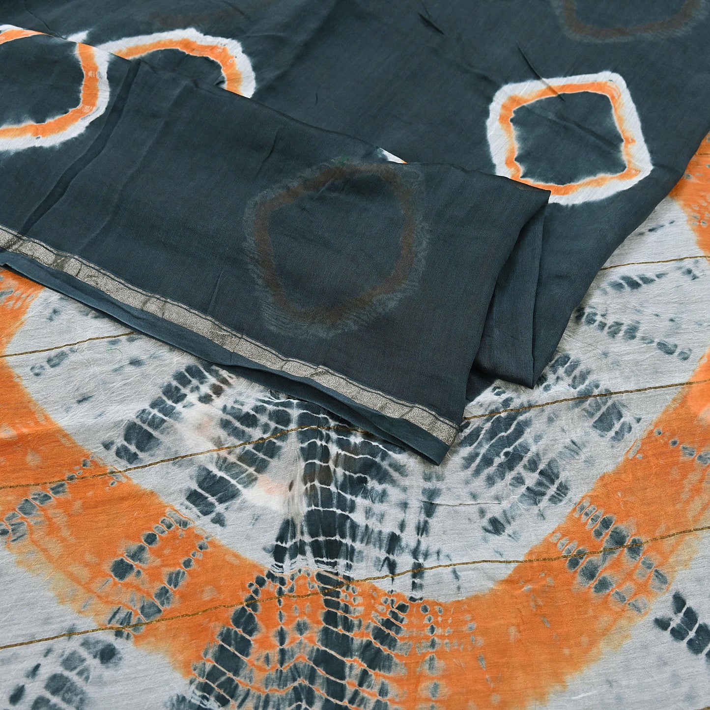 Indian Vintage Sari Orange & Black chanderi Silk tie-dye Printed Saree 5Yd Fabric Soft Zari Border Ethnic Upcycle Crafting Dress making