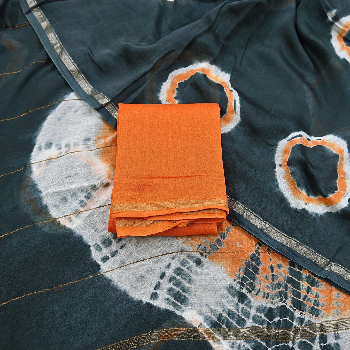 Indian Vintage Sari Orange & Black chanderi Silk tie-dye Printed Saree 5Yd Fabric Soft Zari Border Ethnic Upcycle Crafting Dress making