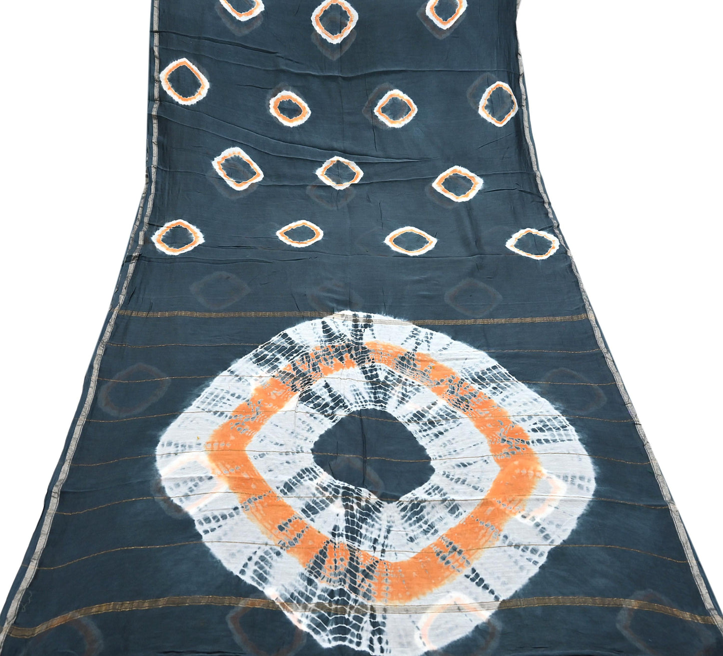 Indian Vintage Sari Orange & Black chanderi Silk tie-dye Printed Saree 5Yd Fabric Soft Zari Border Ethnic Upcycle Crafting Dress making