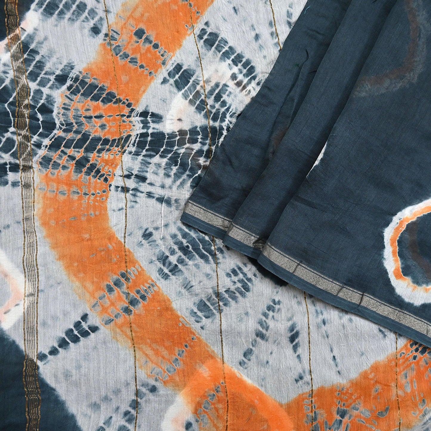 Indian Vintage Sari Orange & Black chanderi Silk tie-dye Printed Saree 5Yd Fabric Soft Zari Border Ethnic Upcycle Crafting Dress making