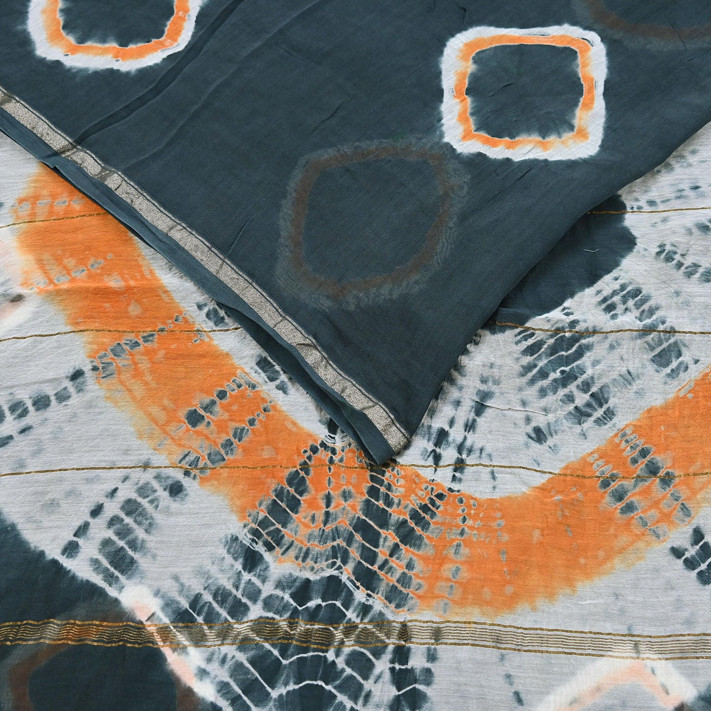 Indian Vintage Sari Orange & Black chanderi Silk tie-dye Printed Saree 5Yd Fabric Soft Zari Border Ethnic Upcycle Crafting Dress making