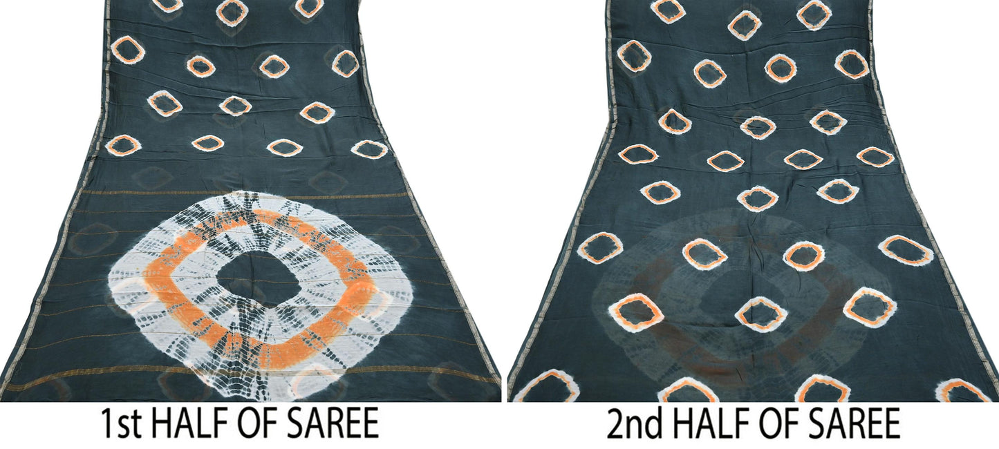 Indian Vintage Sari Orange & Black chanderi Silk tie-dye Printed Saree 5Yd Fabric Soft Zari Border Ethnic Upcycle Crafting Dress making