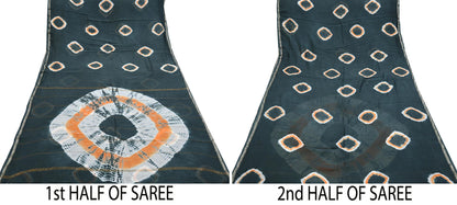 Indian Vintage Sari Orange & Black chanderi Silk tie-dye Printed Saree 5Yd Fabric Soft Zari Border Ethnic Upcycle Crafting Dress making