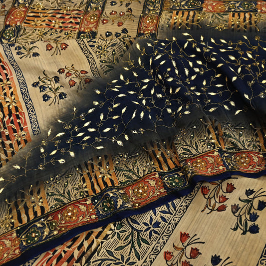 Indian Vintage Sari Blue & Beige Pure Crepe Silk Hand Embroidered Saree 5yd Sewing Floral Craft Sequins Dress making Crafting Quilting