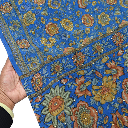 Indian Vintage Sari Blue Pure Crepe Silk Hand Embroidered Saree 5yd Sewing Floral Craft Sequins Dress making Crafting Quilting