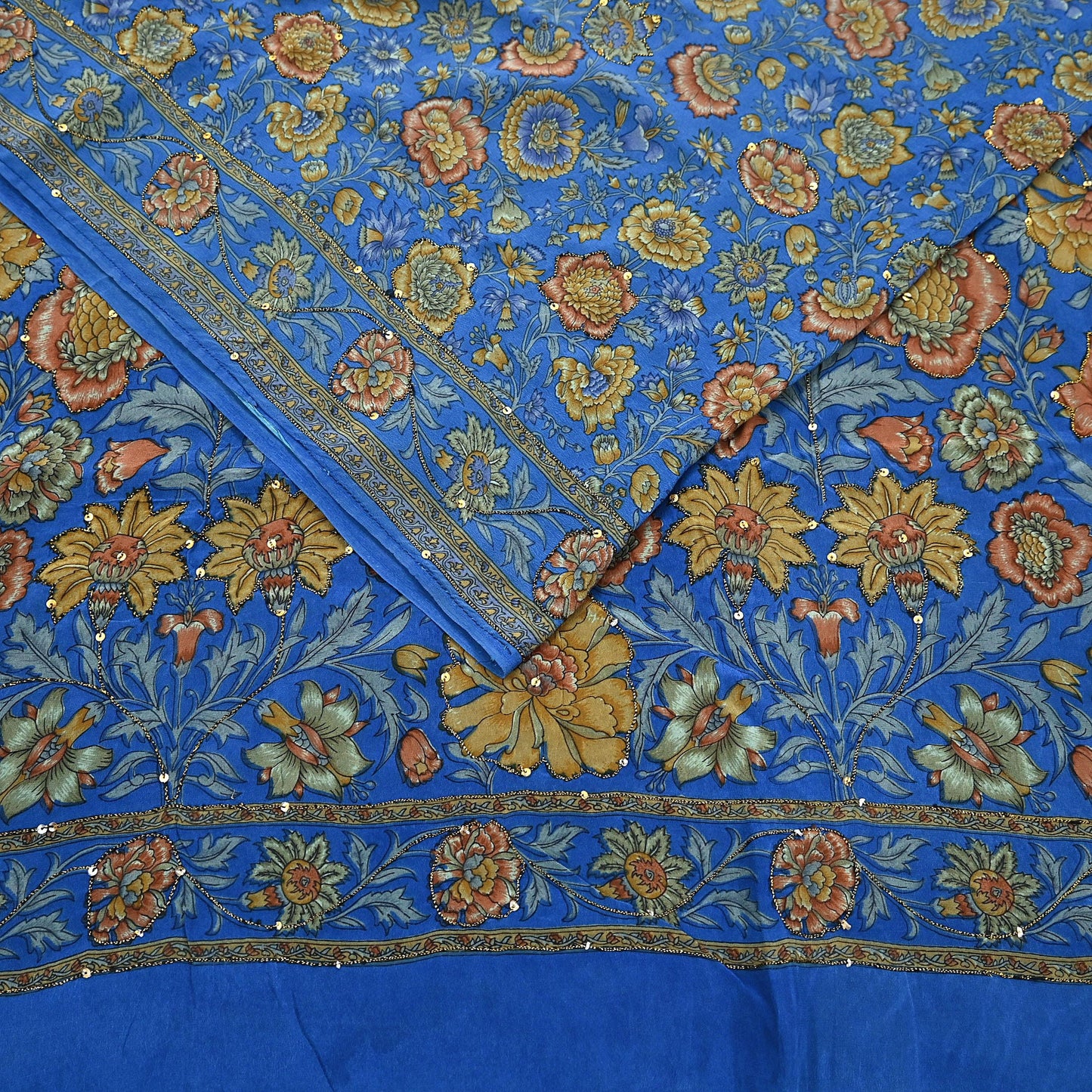 Indian Vintage Sari Blue Pure Crepe Silk Hand Embroidered Saree 5yd Sewing Floral Craft Sequins Dress making Crafting Quilting