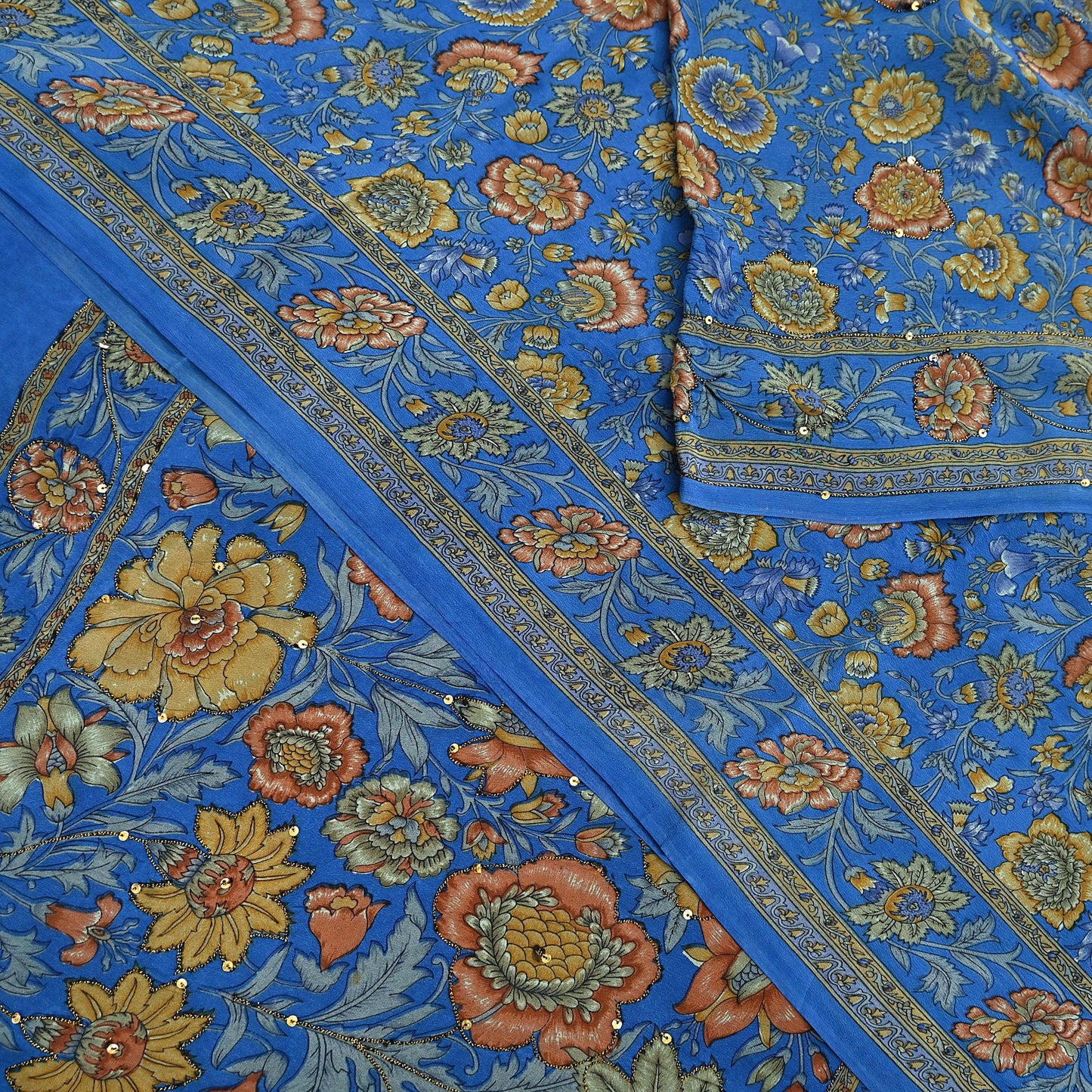Indian Vintage Sari Blue Pure Crepe Silk Hand Embroidered Saree 5yd Sewing Floral Craft Sequins Dress making Crafting Quilting