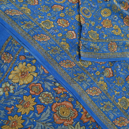 Indian Vintage Sari Blue Pure Crepe Silk Hand Embroidered Saree 5yd Sewing Floral Craft Sequins Dress making Crafting Quilting