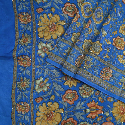 Indian Vintage Sari Blue Pure Crepe Silk Hand Embroidered Saree 5yd Sewing Floral Craft Sequins Dress making Crafting Quilting