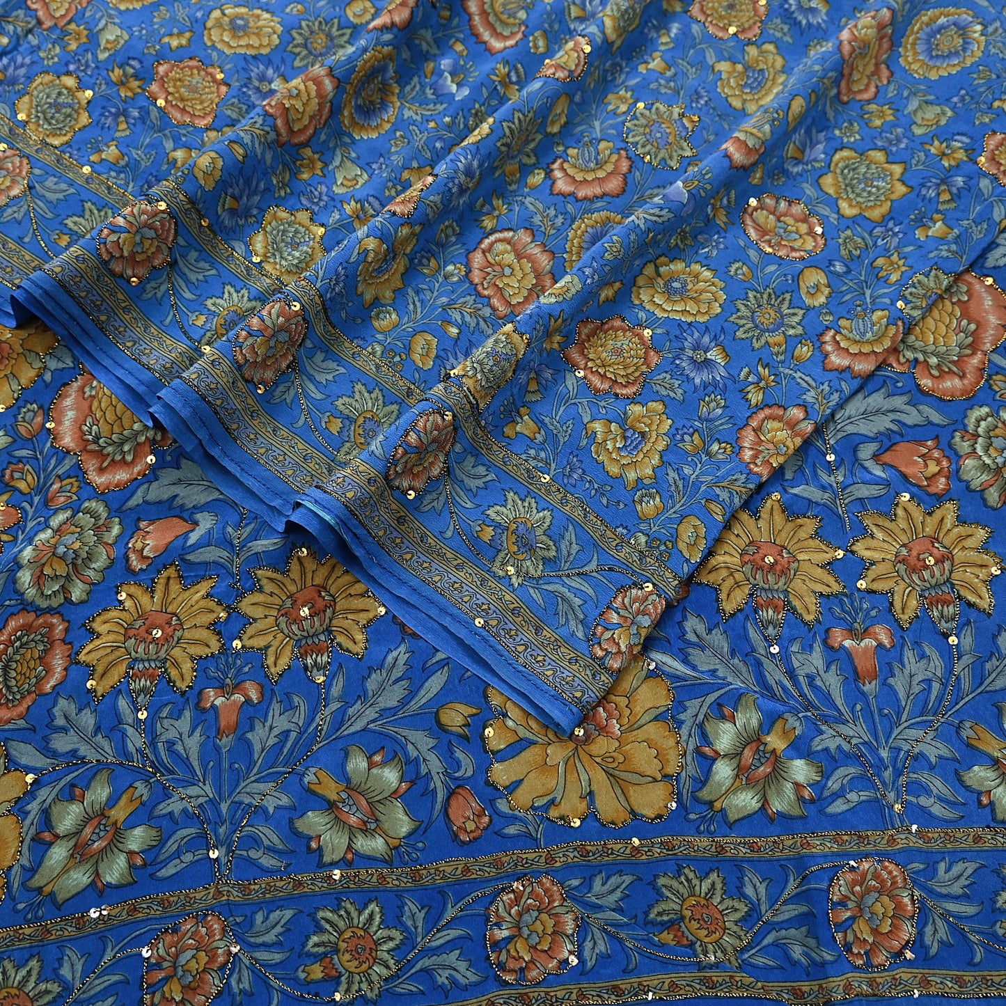 Indian Vintage Sari Blue Pure Crepe Silk Hand Embroidered Saree 5yd Sewing Floral Craft Sequins Dress making Crafting Quilting