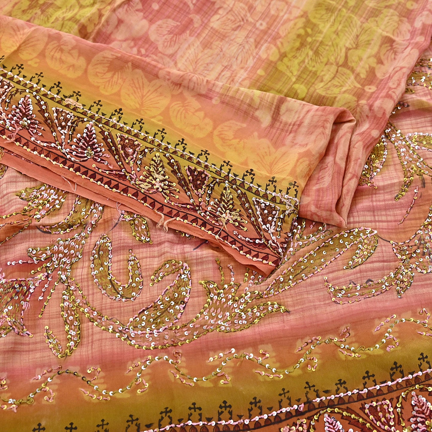 Indian Vintage Sari Brown & Green Pure Crepe Silk Hand Embroidered Saree 5yd Sewing Floral Craft Sequins Dress making Crafting Quilting