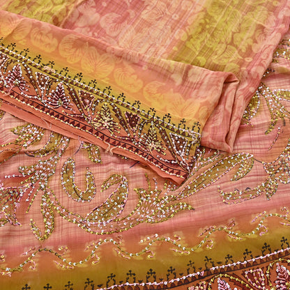 Indian Vintage Sari Brown & Green Pure Crepe Silk Hand Embroidered Saree 5yd Sewing Floral Craft Sequins Dress making Crafting Quilting