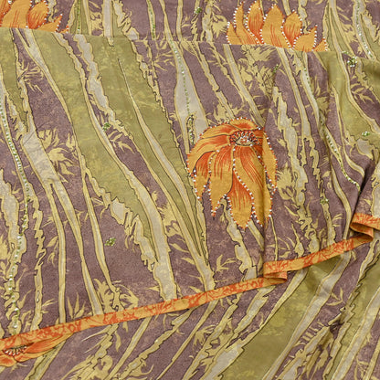 Indian Vintage Sari Brown & Green Pure Crepe Silk Hand Embroidered Saree 5yd Sewing Floral Craft Sequins Dress making Crafting Quilting