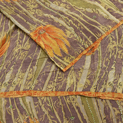 Indian Vintage Sari Brown & Green Pure Crepe Silk Hand Embroidered Saree 5yd Sewing Floral Craft Sequins Dress making Crafting Quilting