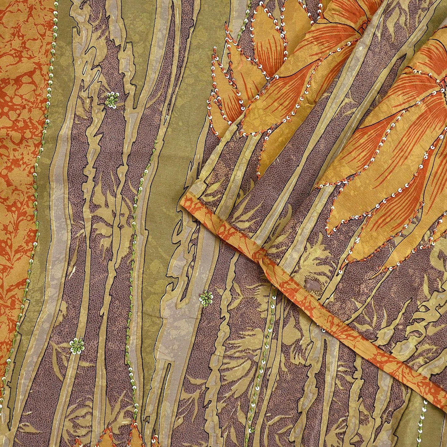 Indian Vintage Sari Brown & Green Pure Crepe Silk Hand Embroidered Saree 5yd Sewing Floral Craft Sequins Dress making Crafting Quilting