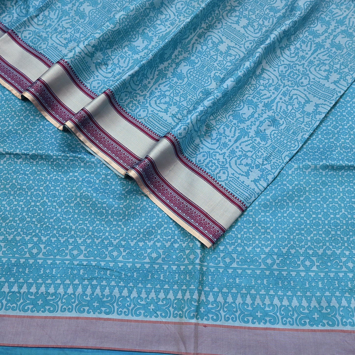 Vintage Sari Blue Pure Silk Printed Saree Fabric 5yard Sewing Soft Dress Designing for Crafting Quilting Upcycle Soft Border