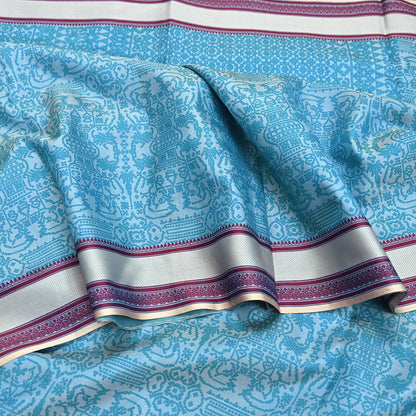 Vintage Sari Blue Pure Silk Printed Saree Fabric 5yard Sewing Soft Dress Designing for Crafting Quilting Upcycle Soft Border