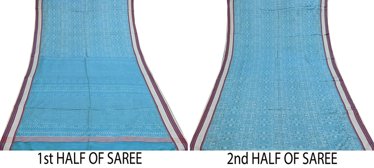 Vintage Sari Blue Pure Silk Printed Saree Fabric 5yard Sewing Soft Dress Designing for Crafting Quilting Upcycle Soft Border