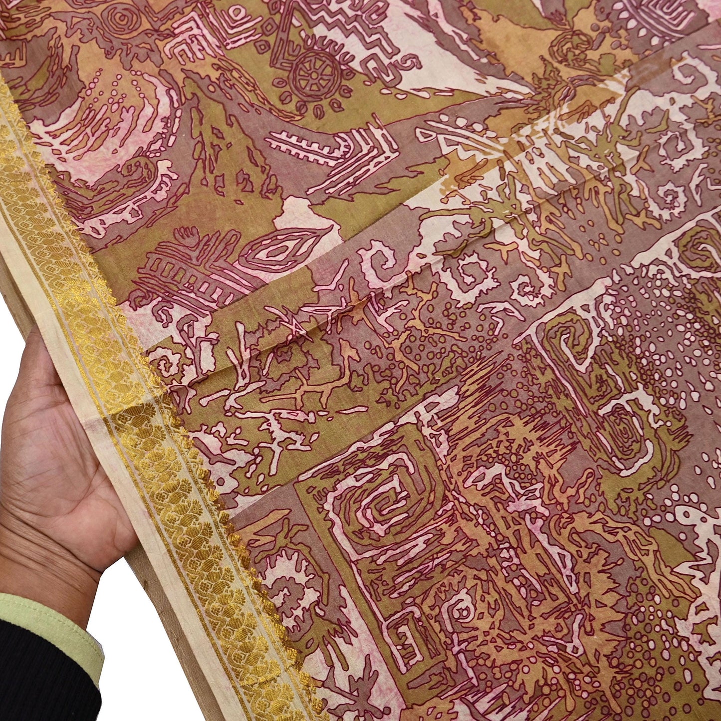 Vintage Green, Beige Pure Silk Saree Indian Printed Silk Fabric 5 Yards Boho Craft Material for Sewing, Quilting, Dressmaking, Upcycling