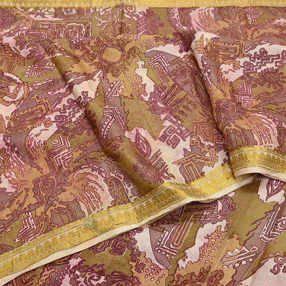 Vintage Green, Beige Pure Silk Saree Indian Printed Silk Fabric 5 Yards Boho Craft Material for Sewing, Quilting, Dressmaking, Upcycling