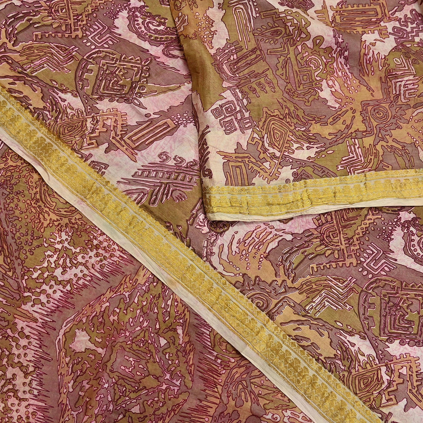 Vintage Green, Beige Pure Silk Saree Indian Printed Silk Fabric 5 Yards Boho Craft Material for Sewing, Quilting, Dressmaking, Upcycling