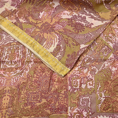 Vintage Green, Beige Pure Silk Saree Indian Printed Silk Fabric 5 Yards Boho Craft Material for Sewing, Quilting, Dressmaking, Upcycling