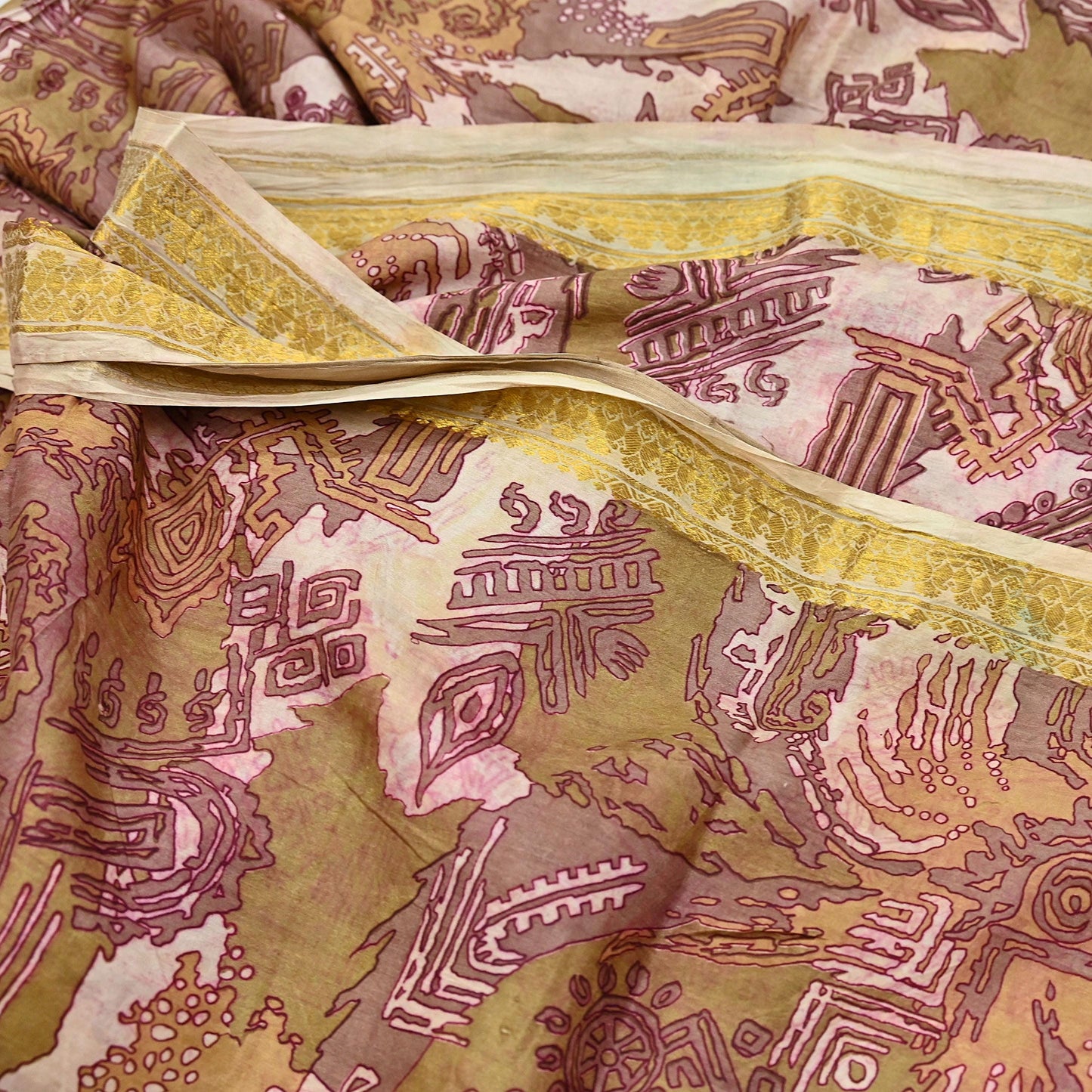 Vintage Green, Beige Pure Silk Saree Indian Printed Silk Fabric 5 Yards Boho Craft Material for Sewing, Quilting, Dressmaking, Upcycling