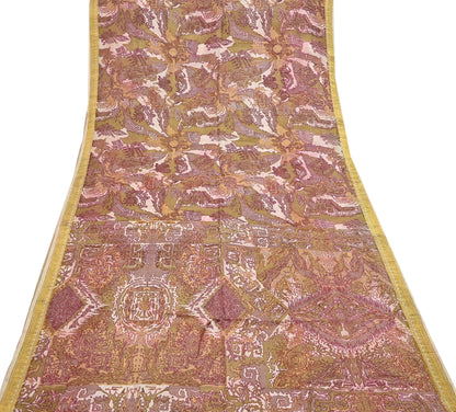 Vintage Green, Beige Pure Silk Saree Indian Printed Silk Fabric 5 Yards Boho Craft Material for Sewing, Quilting, Dressmaking, Upcycling