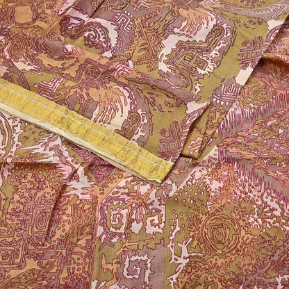 Vintage Green, Beige Pure Silk Saree Indian Printed Silk Fabric 5 Yards Boho Craft Material for Sewing, Quilting, Dressmaking, Upcycling