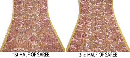 Vintage Green, Beige Pure Silk Saree Indian Printed Silk Fabric 5 Yards Boho Craft Material for Sewing, Quilting, Dressmaking, Upcycling