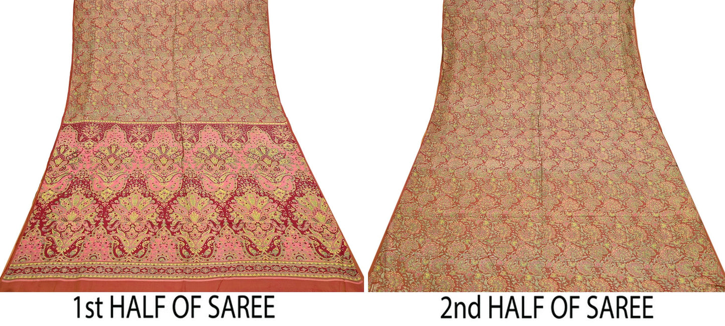 Indian Vintage Sari Red Pure Silk Printed Sarees 5yd Sewing Craft Fabric Dress Making  Soft Floral Wrap Upcycle Used Quilting Crafting
