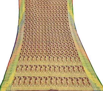 Indian Vintage Sari Heavy Maroon Pure Organza Silk Woven Brocade Banarasi Sarees Zari 5Yd Ethnic Fabric Dress Making Wedding Sarees