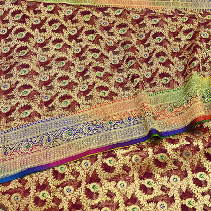 Indian Vintage Sari Heavy Maroon Pure Organza Silk Woven Brocade Banarasi Sarees Zari 5Yd Ethnic Fabric Dress Making Wedding Sarees