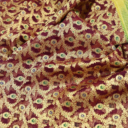 Indian Vintage Sari Heavy Maroon Pure Organza Silk Woven Brocade Banarasi Sarees Zari 5Yd Ethnic Fabric Dress Making Wedding Sarees