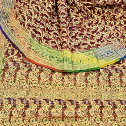 Indian Vintage Sari Heavy Maroon Pure Organza Silk Woven Brocade Banarasi Sarees Zari 5Yd Ethnic Fabric Dress Making Wedding Sarees