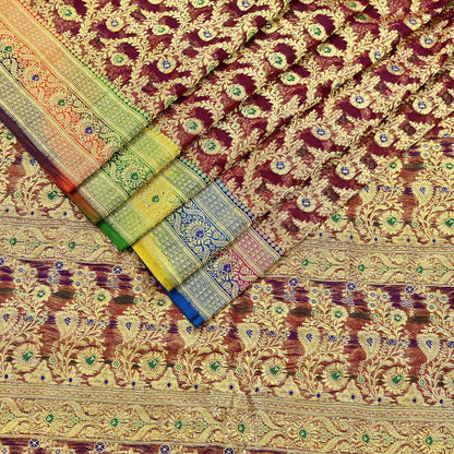 Indian Vintage Sari Heavy Maroon Pure Organza Silk Woven Brocade Banarasi Sarees Zari 5Yd Ethnic Fabric Dress Making Wedding Sarees