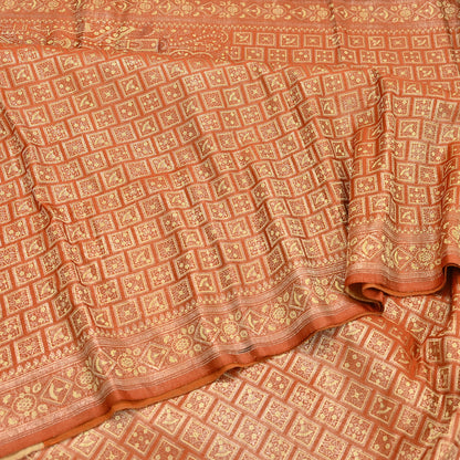 Indian Vintage Orange Banarasi Brocade Saree Heavy Zari Woven Pure Silk Fabric Crafting Quilting Dress making
