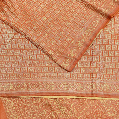Indian Vintage Orange Banarasi Brocade Saree Heavy Zari Woven Pure Silk Fabric Crafting Quilting Dress making