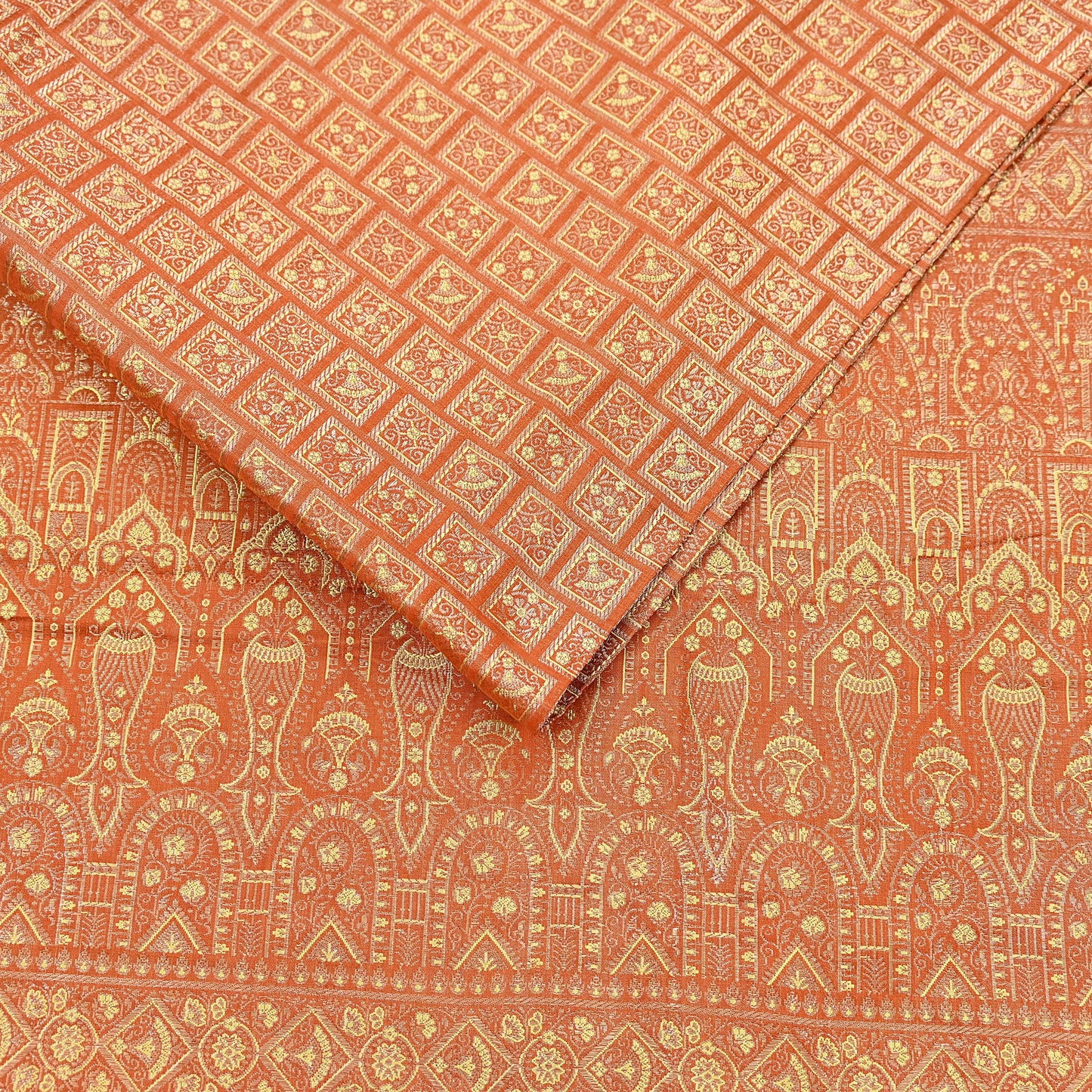 Indian Vintage Orange Banarasi Brocade Saree Heavy Zari Woven Pure Silk Fabric Crafting Quilting Dress making