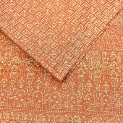 Indian Vintage Orange Banarasi Brocade Saree Heavy Zari Woven Pure Silk Fabric Crafting Quilting Dress making